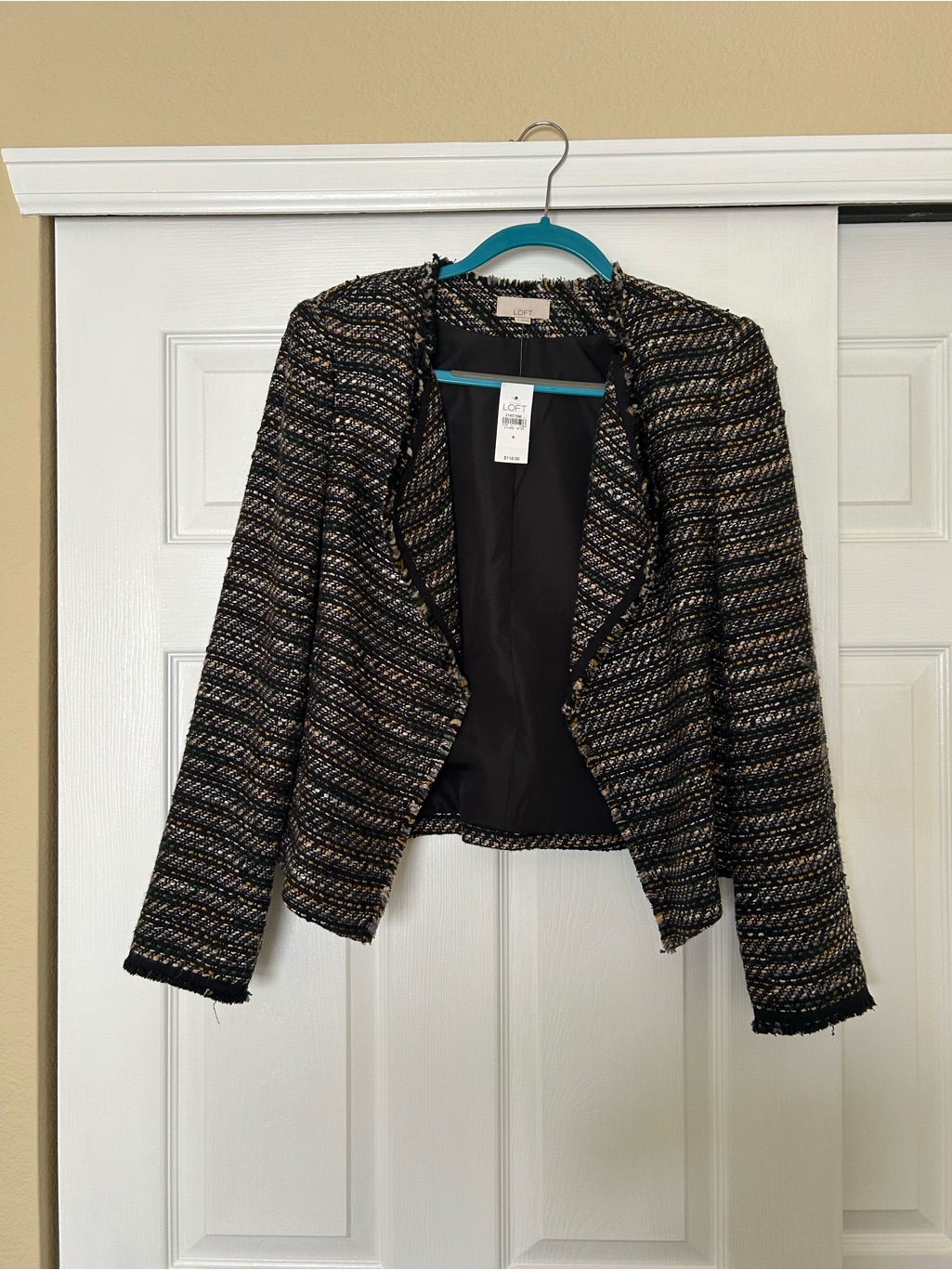 Nwt Loft Black And Cream Tweed Open-Front Blazer
